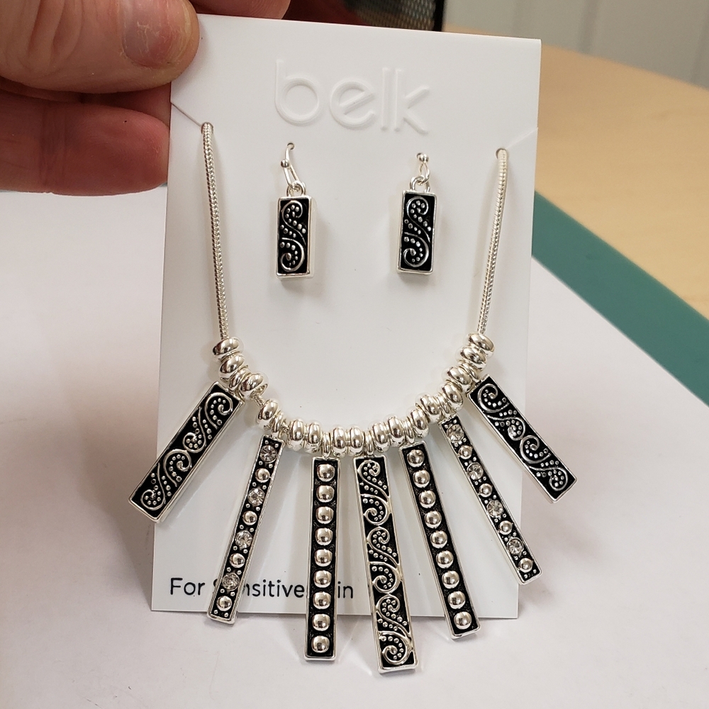 Belk Necklace earring set, sensitive skin, silver tone black textured bar dangle - Picture 5 of 10